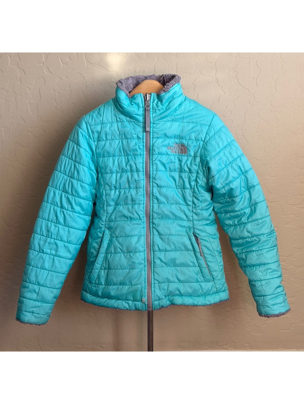 The North Face Girls Reversible Mossbud Swirl Jacket S 7/8 Aqua Gray Fleece